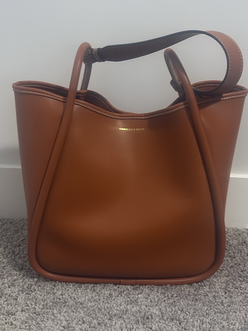 Charles & Keith Cognac Brown Smooth Leather Tote